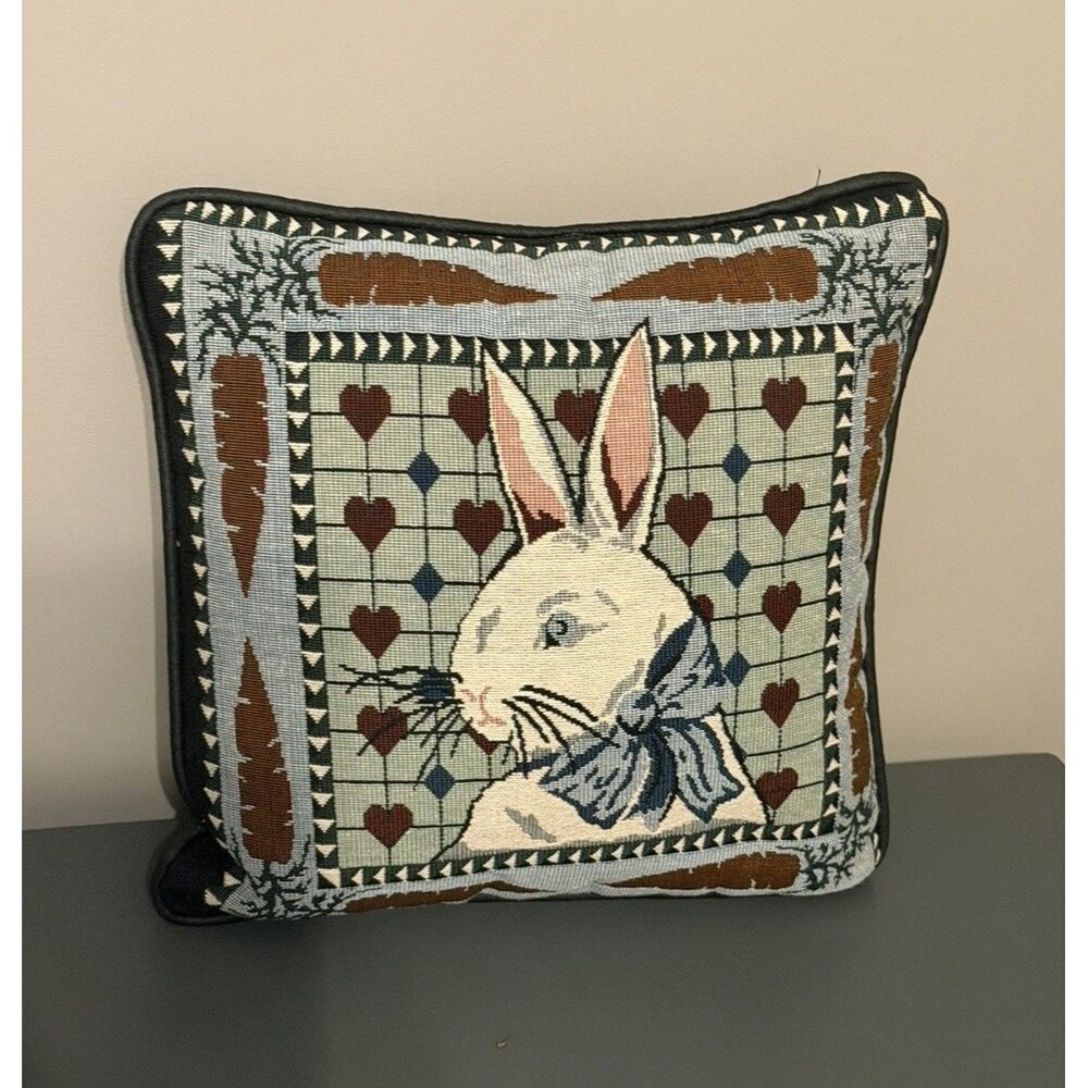 White Rabbit Hare Tapestry 12" Pillow Hearts & Carrots